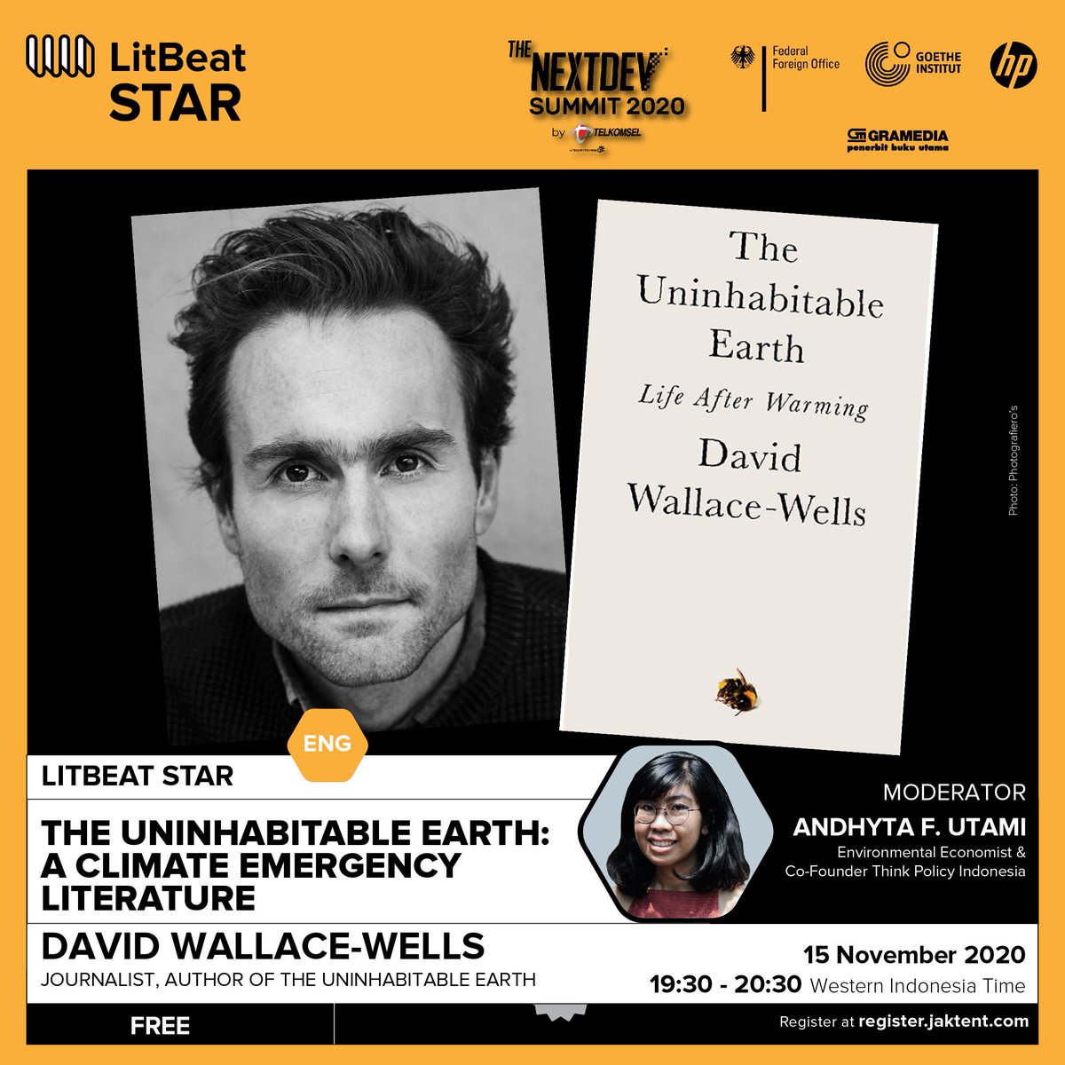 jaktent's tweet photo. Can't wait to watch @Afutami
 talking with @dwallacewells tonight 19:30 Jakarta time (13:30 CET/12:30 GMT) !

Secure your FREE tickets for this LitBeat Star session! >> 🏃🏃  https://t.co/Q69g2qA2cD

#Jaktent #LitBeatStar #DavidWallaceWells https://t.co/20b9OtlIcs