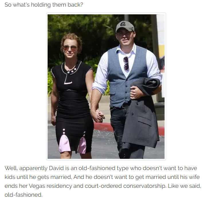 Britney began dating David Lucado in 2013. He openly said he didn't want to get married until her Vegas residency and the court-ordered conservatorship ended.  #FreeBritney