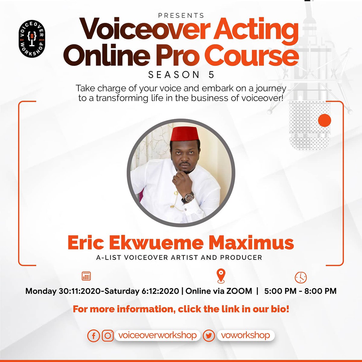 voworkshop's tweet image. Voiceover Acting Online Pro Course 5 - Meet your facilitator: Eric Maximus Ekwueme @erictus_maximus 

Click on this link to read more and register now!

instagram.com/p/CHlIPtrlgqQ/…

#voice
#voiceover 
#voiceovercourse