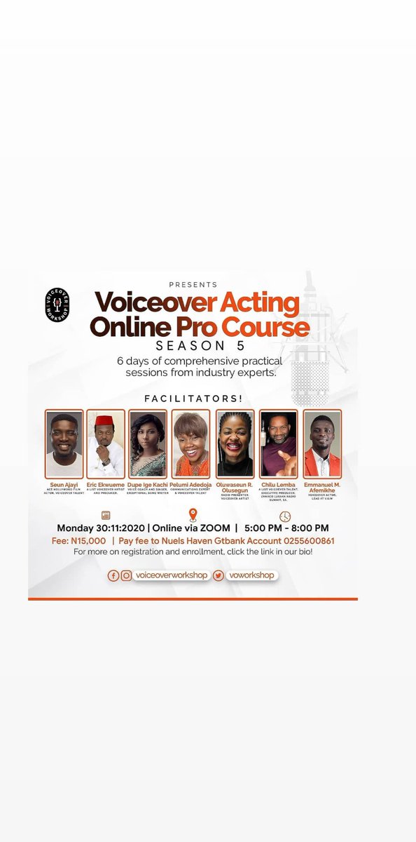 voworkshop's tweet image. Voiceover Acting Online Pro Course 5 - Meet your facilitator: Eric Maximus Ekwueme @erictus_maximus 

Click on this link to read more and register now!

instagram.com/p/CHlIPtrlgqQ/…

#voice
#voiceover 
#voiceovercourse