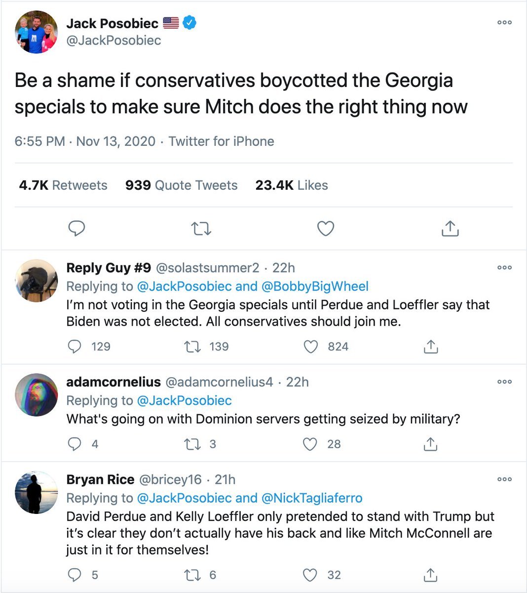 To really get a sense of how far down the rabbit-hole a lot of folks are, consider this recent tweet (from a very prominent right-wing figure!). And look at the first replies. Incredibly disheartening stuff. Mitch McConnell is insufficiently supportive of Trump?! 10/