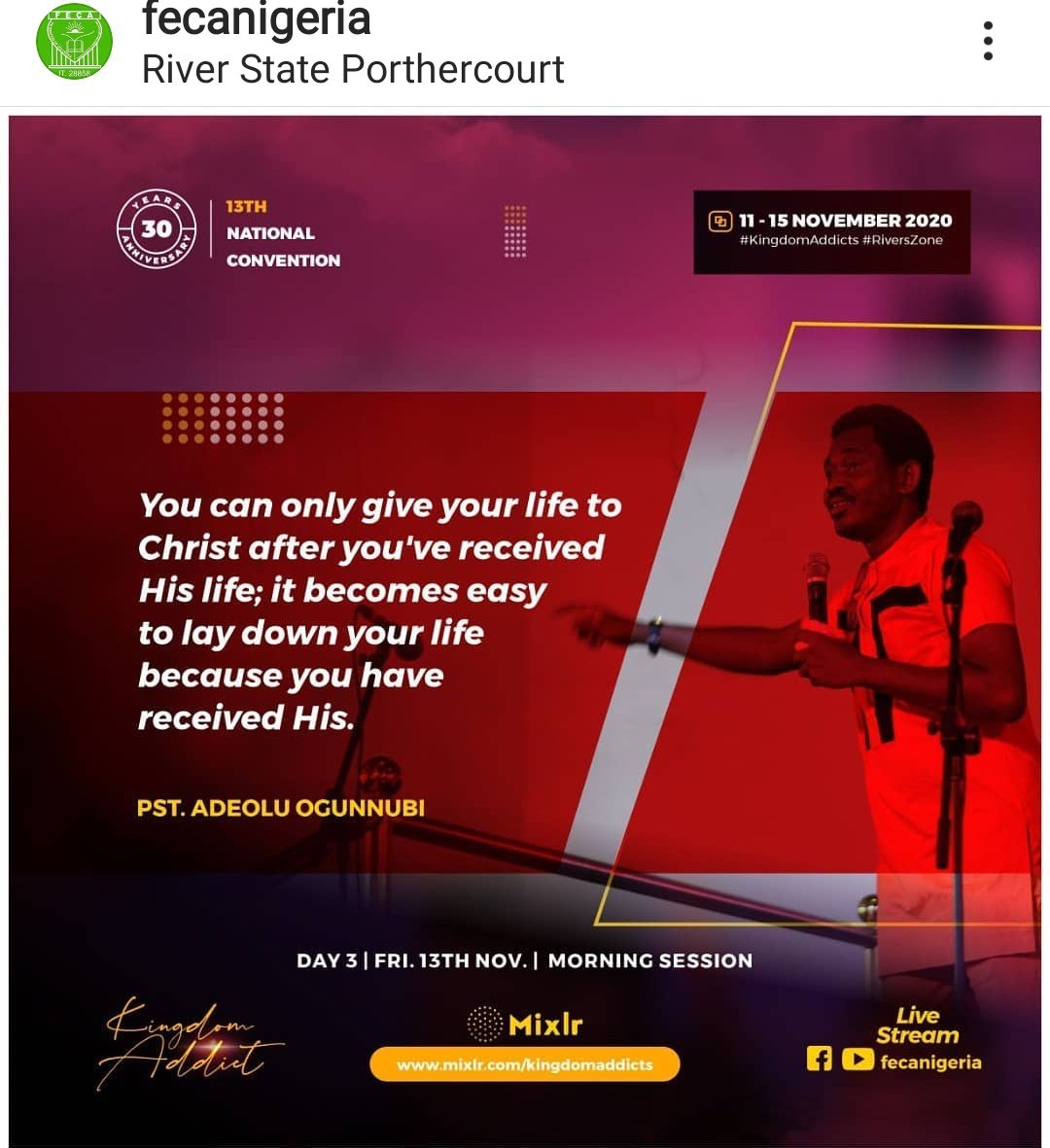 AdeoluOgunnubi's tweet photo. "What an honour to serve the interest and the Will of the ONE who first loved us and gave Himself for us that we may become the righteousness of God" #zioniscalling #FecaNationalConvention #NC2020 @Realjudypraise @Signora_Larissa @AderonkeOduko @GboyegaOgunnubi @yinkanubi https://t.co/i4kQjnWrtC
