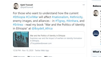 And there's also this gem. Apparently war is a great time to push your book sales. But sure, believe that this guy sincerely cares about what happens to people in Ethiopia. 