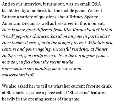 For Britney's new phone game, Jeff gave a magazine the chance to "interview" Britney. So they sent over a list of questions, one including the conservatorship. They got back an edited list of completely different questions and the conservatorship one was cut out.  #FreeBritney
