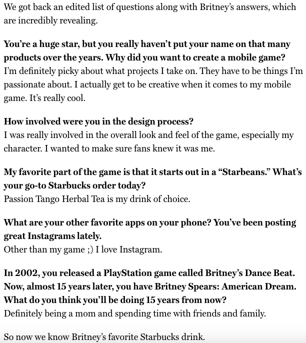 For Britney's new phone game, Jeff gave a magazine the chance to "interview" Britney. So they sent over a list of questions, one including the conservatorship. They got back an edited list of completely different questions and the conservatorship one was cut out.  #FreeBritney
