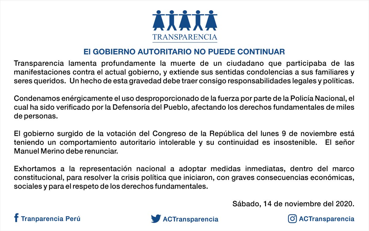 ACTransparencia's tweet photo. El gobierno autoritario es insostenible y el señor Manuel Merino debe renunciar. https://t.co/VP9lM7BENU