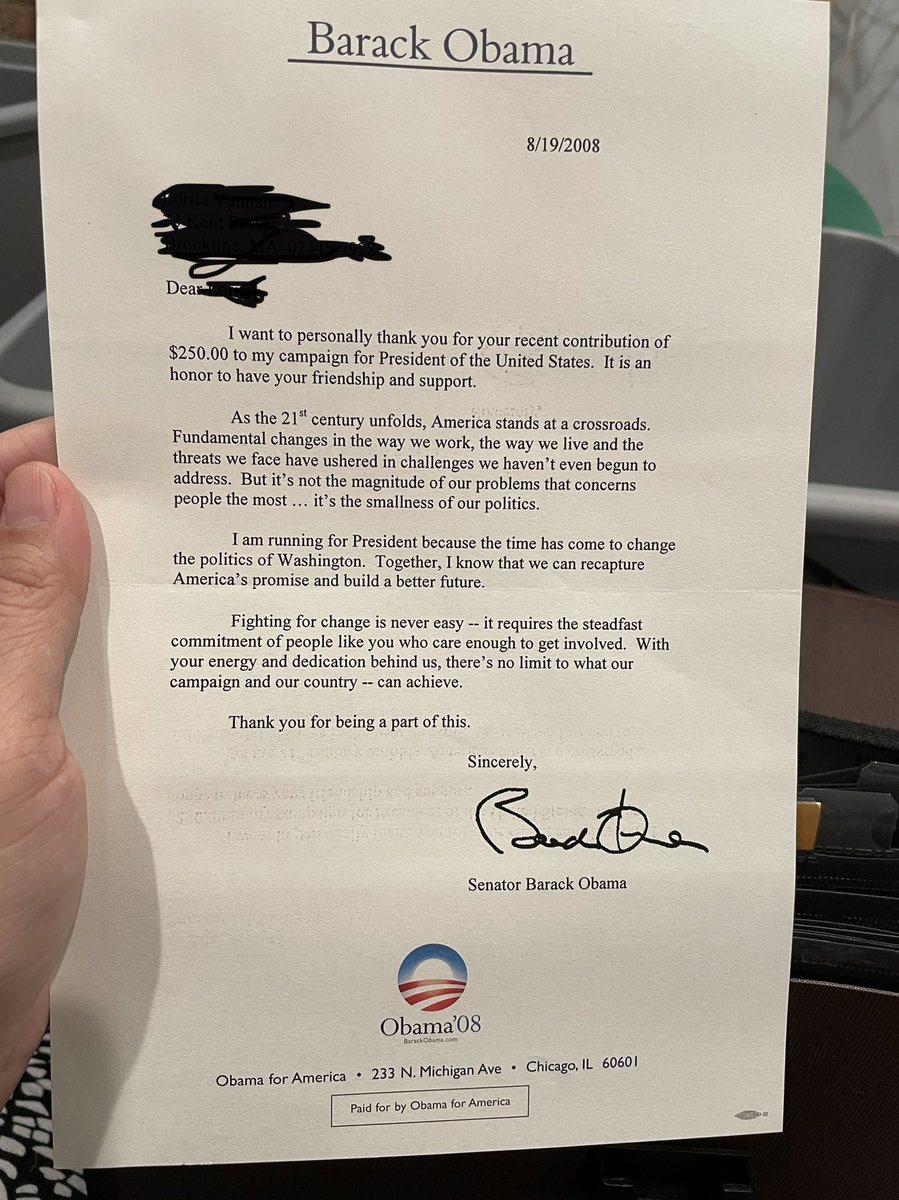 practicalwhimsy's tweet photo. Just came across this @BarackObama thank you letter while cleaning out my files. Infinitely preferable to the 1000 text messages I received this election that makes me reconsider ever donating again... #Election2020 https://t.co/hdh44EwVaZ