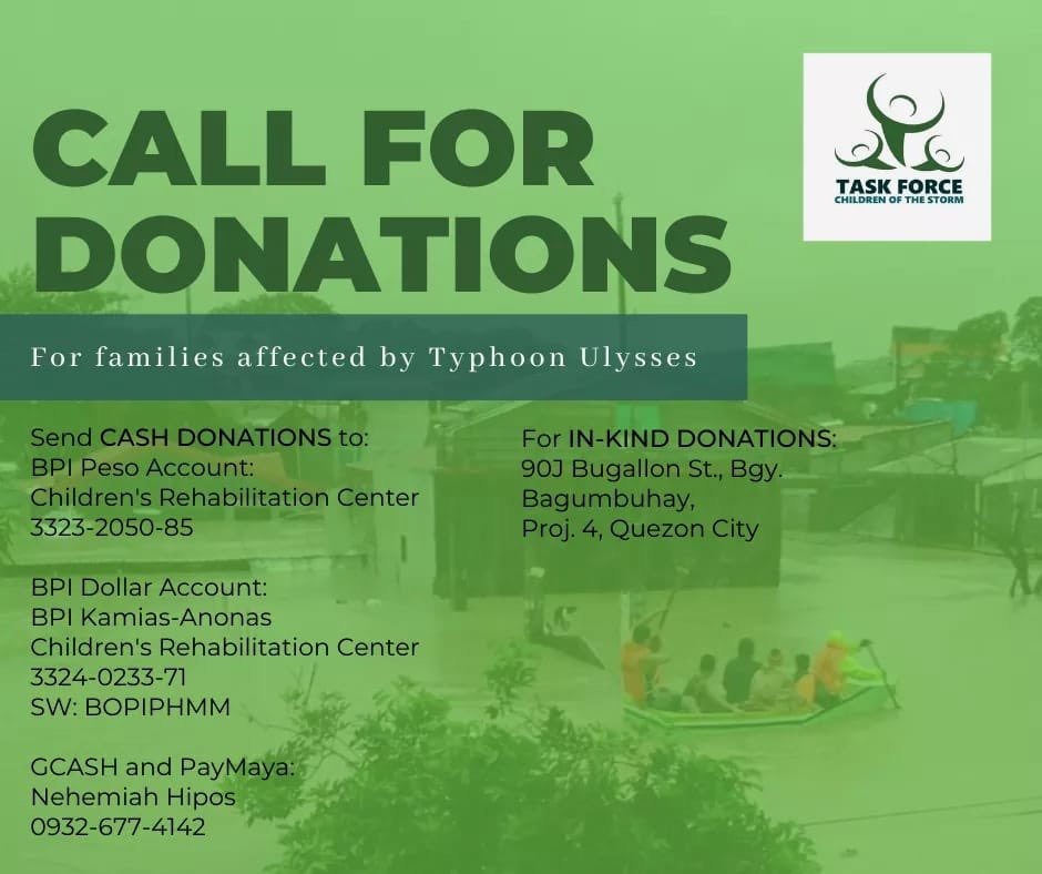  #TulongPaslit Donation Drive. We aim to provide hot meals, food packs, and hygiene kits to children and their families. We also aim to provide psychosocial support to children affected by the typhoon.  #ReliefPH  #UlyssesPH  #RollyPH