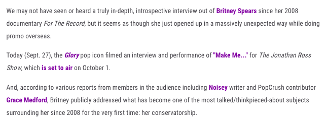 Audience members who attended the taping of Britney's 2016 interview on the Jonathan Ross Show confirmed that Britney opened up about her conservatorship for the first time publicly, but those parts were completely cut before it aired on TV.  #FreeBritney