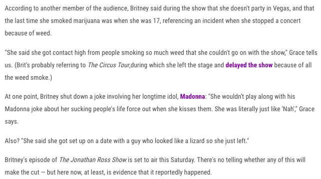 Audience members who attended the taping of Britney's 2016 interview on the Jonathan Ross Show confirmed that Britney opened up about her conservatorship for the first time publicly, but those parts were completely cut before it aired on TV.  #FreeBritney