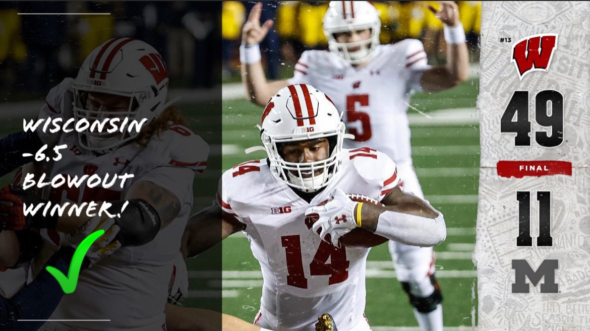 JewishSharp's tweet photo. BOOM! BLOWOUT WINNER! ๐ฐ ๐ฐ
#Wisconsin -6.5 โ
Another easy winner, as #Wisconsin takes care of business and destroys #Michigan 49-11.
To everyone who purchased our #CFB plays today, cash those tickets !!
We are now 6-1 last 7 Prime-Time games! ๐ฅ #WISCvsMICH
Letโs go ! https://t.co/yilA9mfPhK