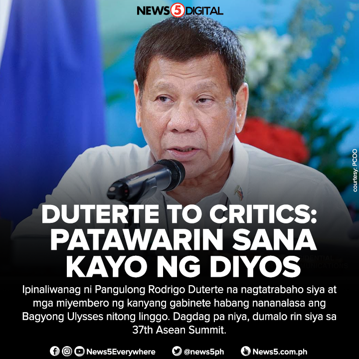 News5PH's tweet photo. Ito ang naging sagot ni Pangulong Duterte matapos muling mag-trending sa Twitter ang #NasaanAngPangulo sa kasagsagan ng Bagyong #UlyssesPH nitong Huwebes. https://t.co/cPXi62HaDq