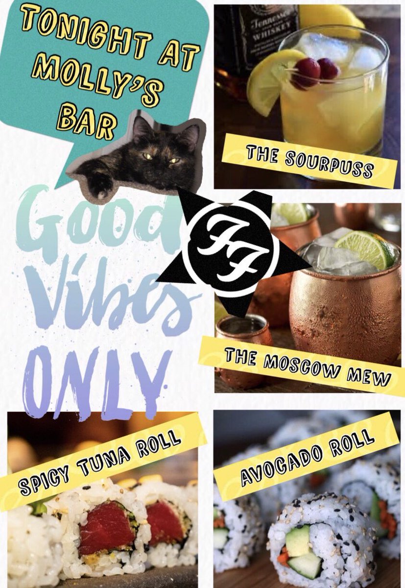 MittenheadSheri's tweet photo. Okay, so #davegrohl says we need joy &amp; happines! So in a way he’s saying go to #MollysBar! We ♥️ @foofighters here, so get ur butt here! Check our specials tonight ⬇️! #FFRoxy 🍺🎸🧉#foofighters #Caturday #CatsOfTwitter #cats #fun #SaturdayNight #AskFoos https://t.co/OBeu3ZEA9f