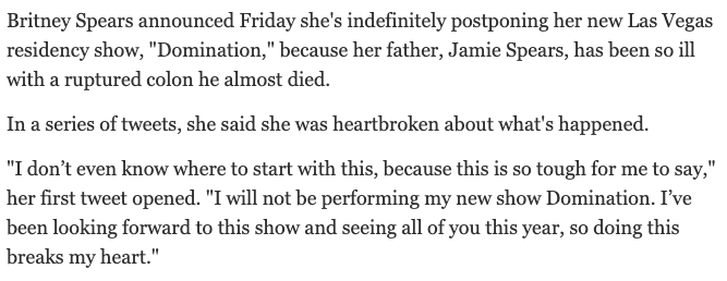 Domination would be abruptly cancelled a month before it was supposed to kick off at Park MGM. Jeff Raymond was making a very serious claim at the time that the show was cancelled because her father "nearly died."  #FreeBritney