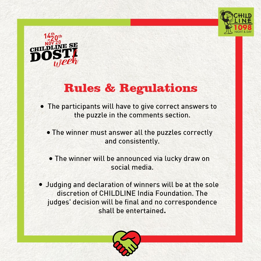CHILDLINE1098's tweet photo. We're coming up with an exciting #JumbleMumbleContest wherein all you got to do is unscramble the scrambled letters to form words depicting various issues faced by children. The contest begins on Today (Nov 15).

#CHILDLINESeDosti #ChildSafetyWeek #Child #Children #DigitalContest https://t.co/HrOAeorPTM