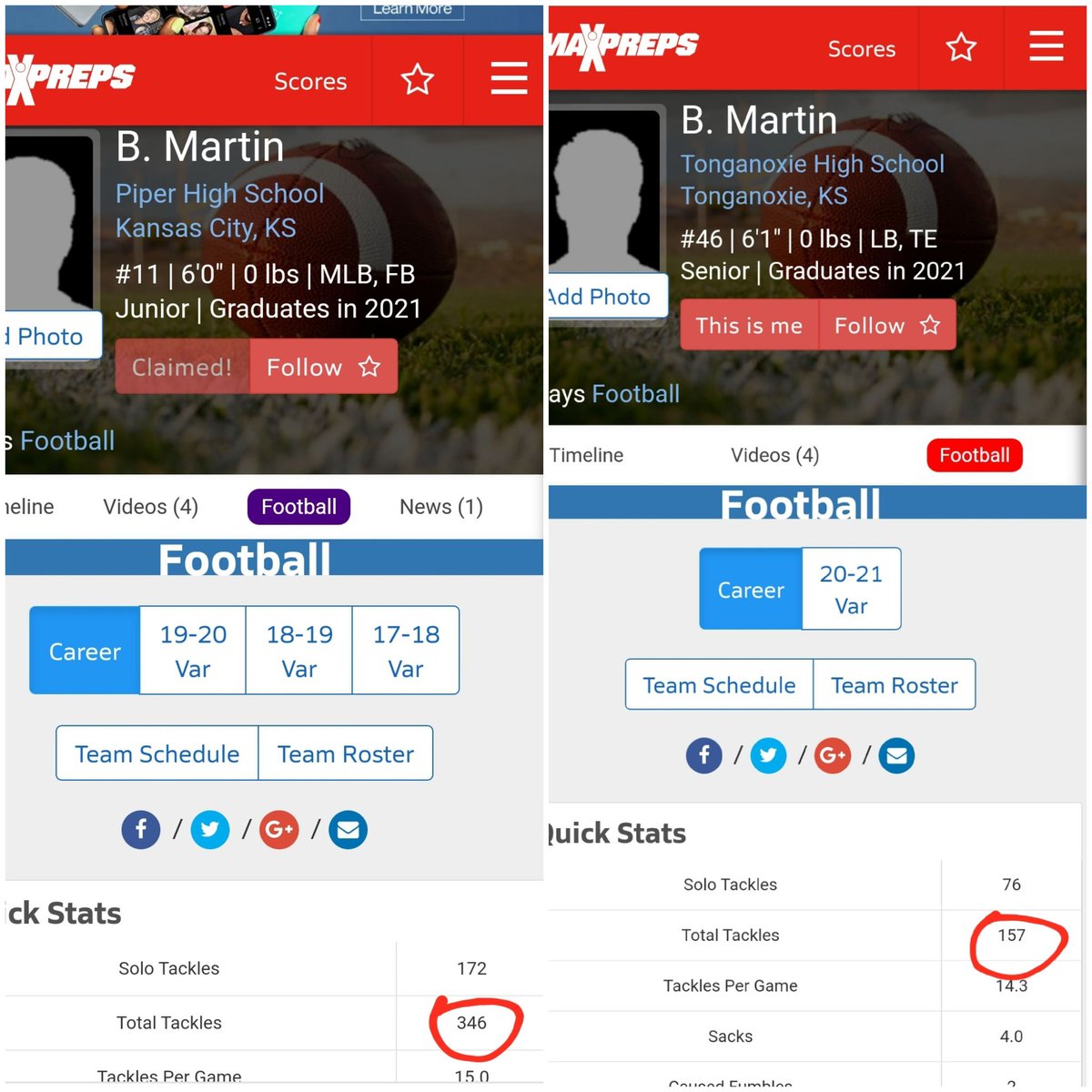 Congrats to <a href="/11_bmar/">Branden "Bmar" Martin</a> Branden Martin on reaching the rare 500+ tackle club. Martin was a huge contributor this year and we are happy to see him reach this goal. Piper Tackles: 346 + Tonganoxie Tackles: 157 = 503 Total Tackles!!
<a href="/kpreps/">Kpreps.com</a> @TonganoxieHigh <a href="/tonganoxie/">Tonganoxie Mirror</a> <a href="/Jnm4ksu/">Jeremy Martin</a>