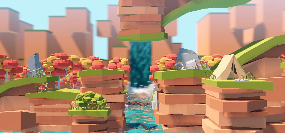 laurenplusgames's tweet photo. Screenshots of our current test level. I added more foliage, but not sure if they look too small/distracting. Also thinking about changing the bg to match the fg more😺 #screenshotsaturday #indiedev #lowpoly #GodotEngine https://t.co/5UAPQFADz1