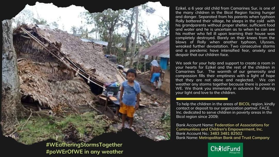 ChildFund Philippines is calling for donations for children in Quezon province and the Bicol region that are affected by the recent typhoons  http://www.cnn.ph 