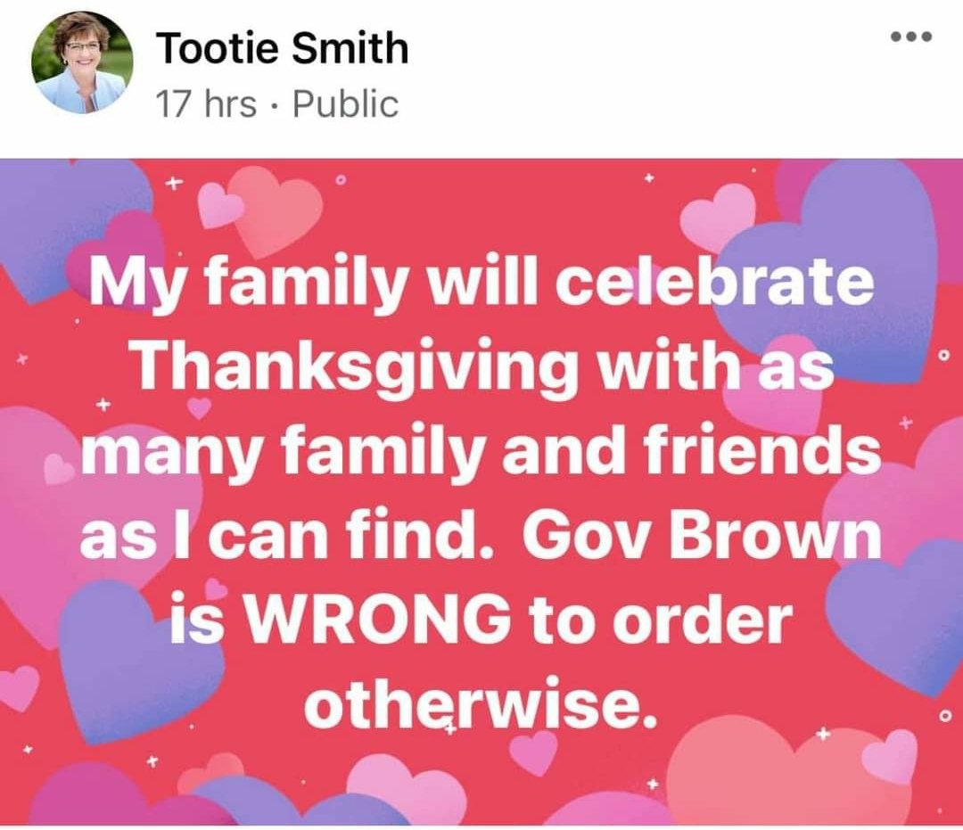 This is a VERY dangerous &amp; irresponsible statement by Tootie Smith, newly elected <a href="/clackamascounty/">Clackamas County, OR</a> Chair on her Facebook page. I suggest <a href="/aboutKP/">Kaiser Permanente</a> and <a href="/ProvHealth/">Providence Oregon</a> offer to take her on a tour of their ICU's ASAP. Have her sign a waiver!
