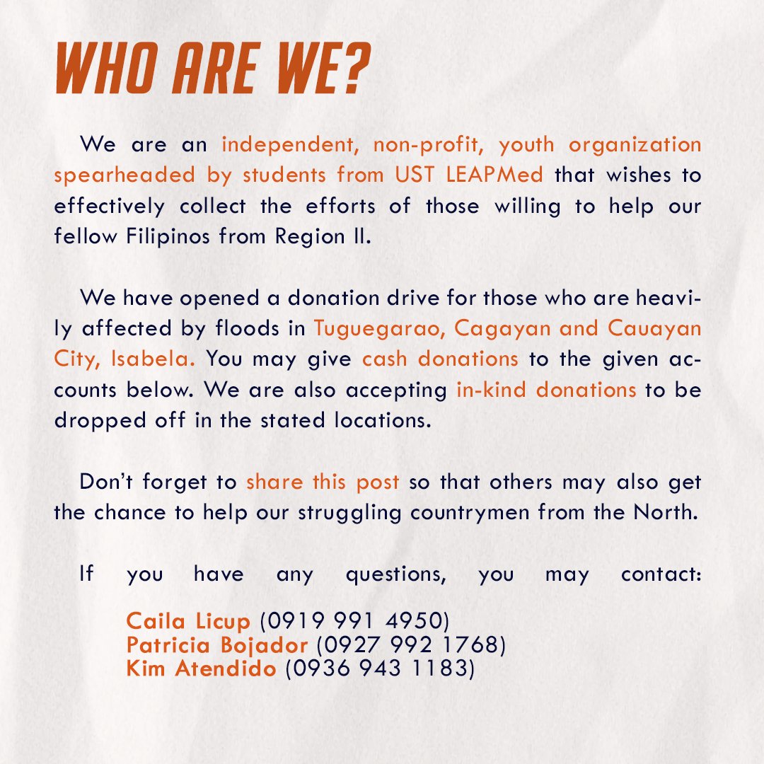 sinagtulong's tweet photo. ‼️ CALL FOR HELP ‼️
We are SINAG— an independent, non-profit youth organization by UST LEAPMed students who aim to help our fellow Filipinos affected by Typhoon Ulysses in Region 2 through the project, “Kapit-Bisig Para sa Cagayan.”

(1/2)

#TyphoonUlysses
#SinagPagAsa
#ReliefPH https://t.co/X84IcM0ScE