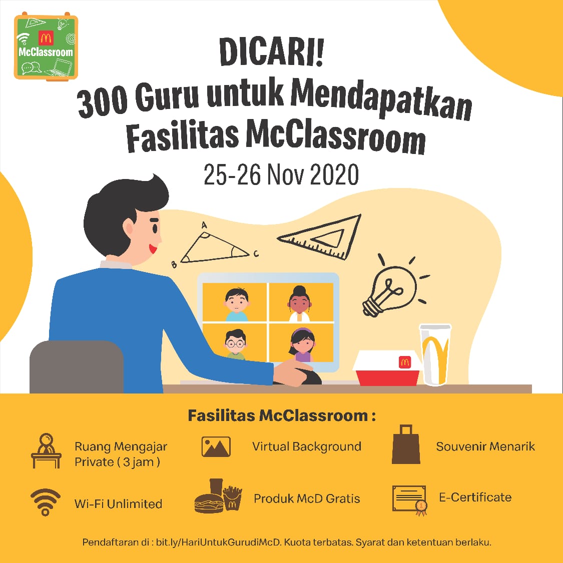 McDonalds_ID's tweet photo. Panggilan untuk Para Guru!

Dalam rangka Hari Guru Nasional 25 November 2020, McDonald’s ingin mengungkapkan terima kasih atas jasa guru dengan menyediakan fasilitas mengajar GRATIS melalui McClassroom! https://t.co/N4dSGwJRJR