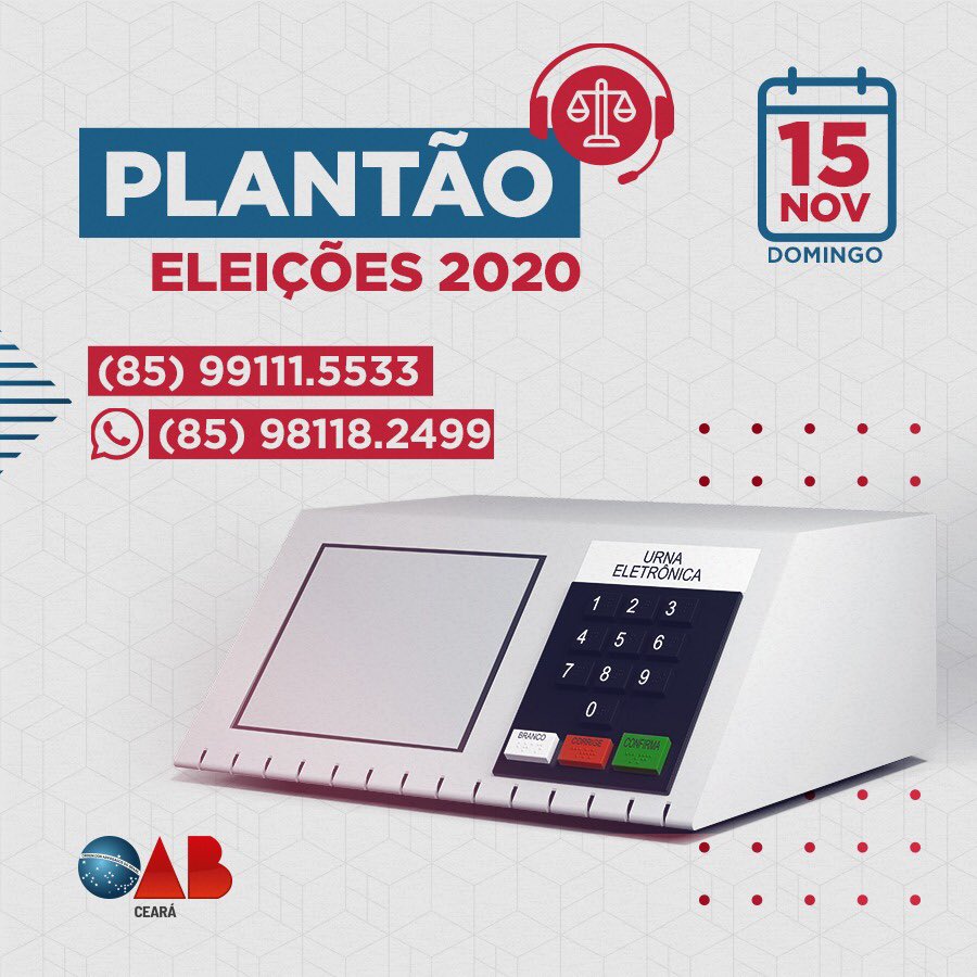 oabce's tweet photo. A OAB-CE realiza um plantão para a defesa das prerrogativas da advocacia nas eleições municipais 2020. Em caso de eventuais irregularidades, violações, denúncias ou dúvidas, entre em contato: (85) 99111.5533 e (85) 98118.2499.
#oabce #Eleicoes2020 https://t.co/W881d0ojST