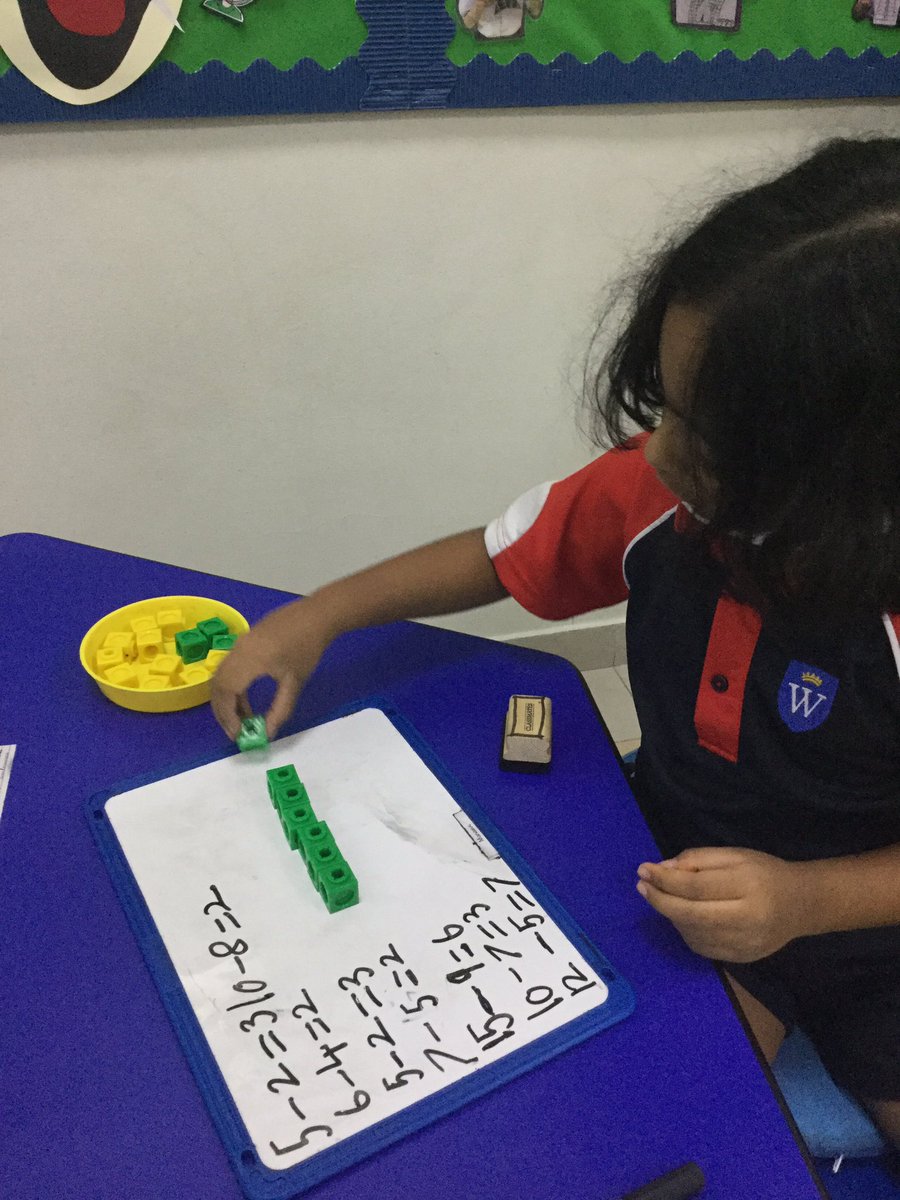 WPS_Year1's tweet image. We love working practically in #WPSMaths Today we made amounts 10s frame style and then took away parts to see how many we had left. We recorded number sentences using the correct symbols. 
Can you think of different words for subtraction?
Tweet us your ideas #WPSRemoteLearning