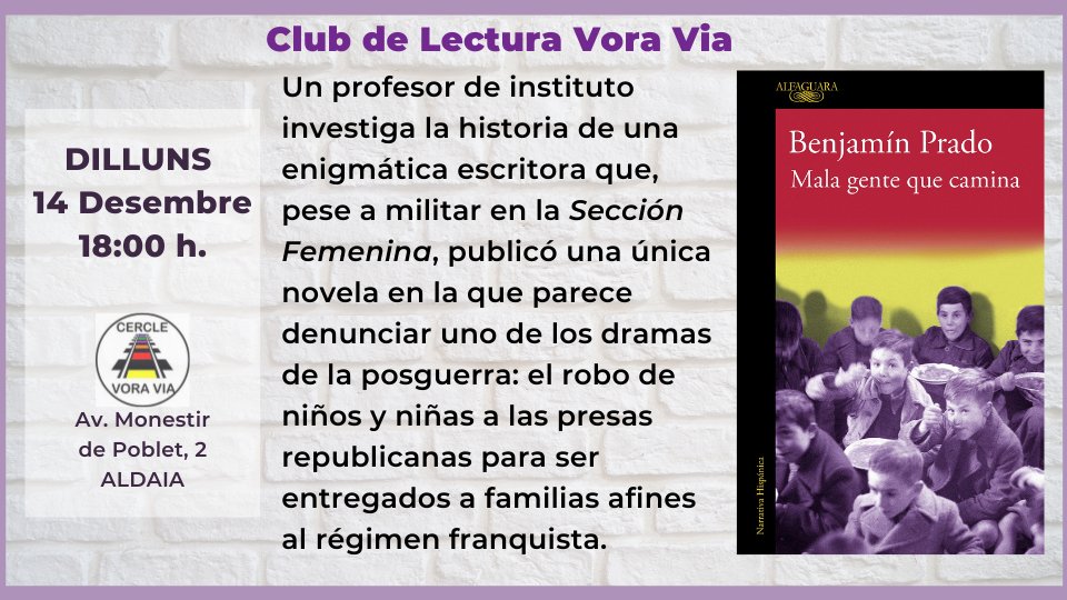 vora_via's tweet photo. 📚El llibre de desembre: Mala gente que camina, de Benjamín Prado. 
🗓️Dilluns 14 de desembre a les 18 h.
😷#VoraVia https://t.co/x1uTOpUhzn