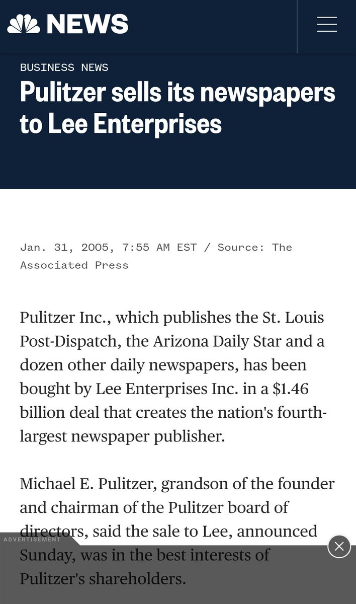 Pulitzer had sold its newspapers to Lee Enterprises in 2005.