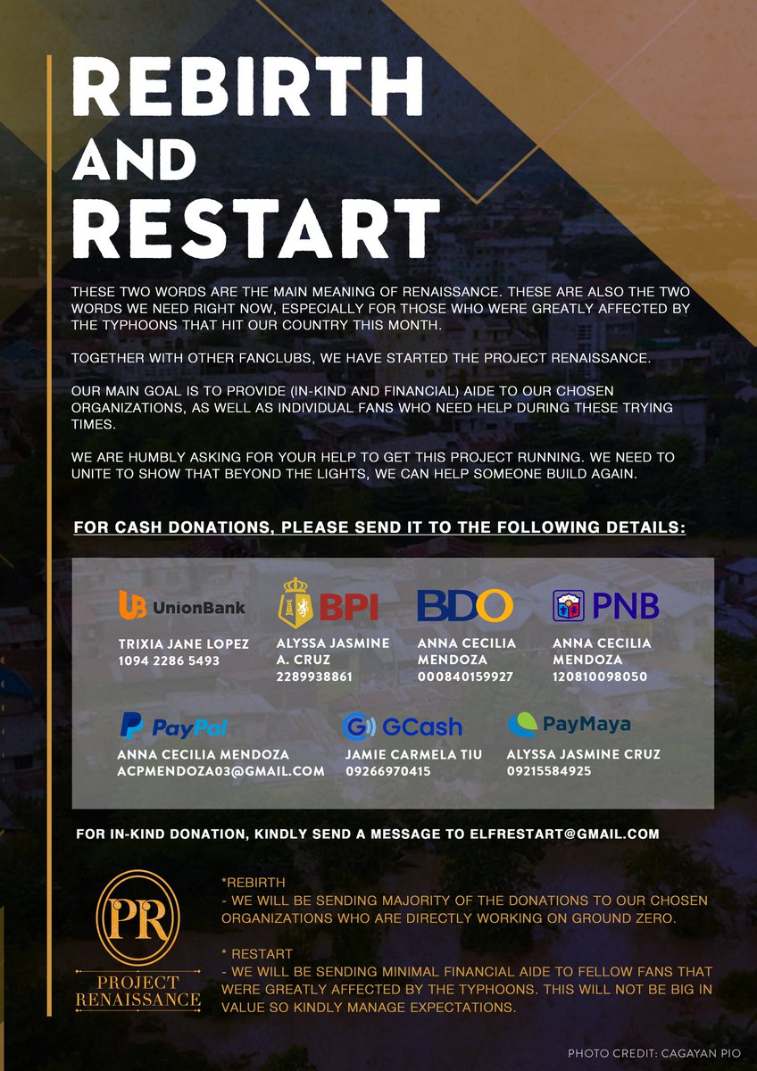 sjunitedph's tweet photo. Project Renaissance is a collaboration of PH-based fanclubs that aims to help our fellow countrymen during these trying times. However, we cannot do it alone. We are humbly asking for your help with this project.
Let us help them build again. @ProjectRenais
#ProjectRenaissance https://t.co/nx5LqWNu5e