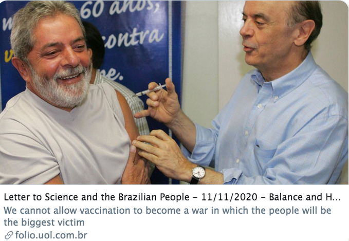 9/ "Defeating the virus, safely resuming economic activities & social life are achievable, but that depends on a safe & effective vaccine...The right to vaccination is the right to life. It is the obligation of govt to guarantee vaccination of all" -Lula  https://translate.google.com/translate?hl=&sl=pt&tl=en&u=https%3A%2F%2Fwww1.folha.uol.com.br%2Fequilibrioesaude%2F2020%2F11%2Fcarta-a-ciencia-e-ao-povo-brasileiro.shtml