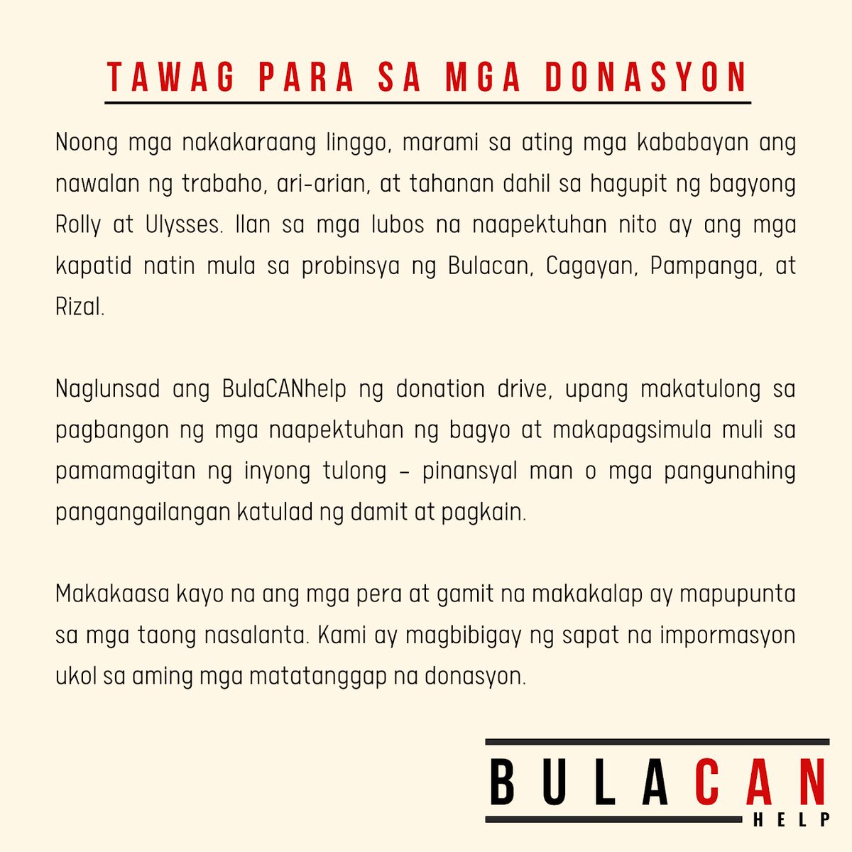 reignofraiden's tweet photo. 🚨 CALL FOR DONATION 🚨
In line with our donation drive for Cagayan, we also extended our help to Bulacan through @BulaCANhelp. You can directly donate to them with monetary and in-kind donations.
#ReliefPH
#BulacanNeedsHelp
#BulacanNeedsHelpNOW https://t.co/m08wkJEcA4