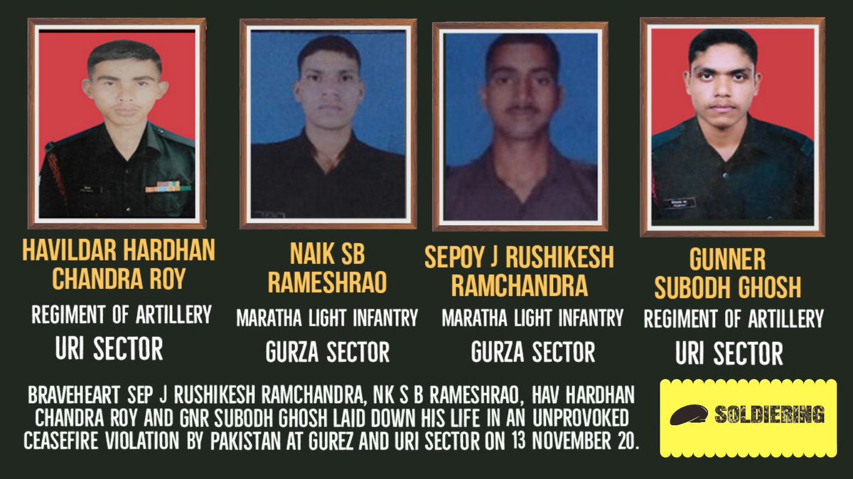 #Soldiering pays tributes to #Braveheart Hav Hardhan Chandra, Nk S B Rameshrao, Sep J Rushikesh Ramchandra, and Gnr Subodh Ghosh of the #IndianArmy who made ultimate sacrifice protecting nation's frontier at #Gurez and #Uri sector on 13 November 20. @rwac48 @Gen_VKSingh