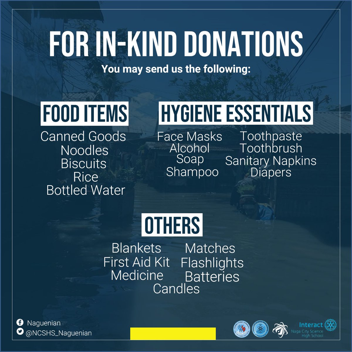 NaguenianNCSHS's tweet photo. 𝗖𝗔𝗟𝗟 𝗙𝗢𝗥 𝗗𝗢𝗡𝗔𝗧𝗜𝗢𝗡𝗦

The successive typhoons devastated different places in the Philippines, leaving thousands of families starving, struggling, and suffering. https://t.co/yvd1rZCnQh