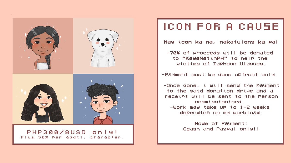 haruday_art's tweet photo. Hi friends! I'm opening my icon commission to help people affected of typhoon Ulysses. 70% of the proceeds will be donated to @/KayaNatinPH. 

I'm opening unlimited slots until we reach the goal of 3,000 or more! ^^
 
[HELP RT!!]
#ArtForACause #commissionsopen #RescuePH #ArtPH https://t.co/4nyItMhzOT