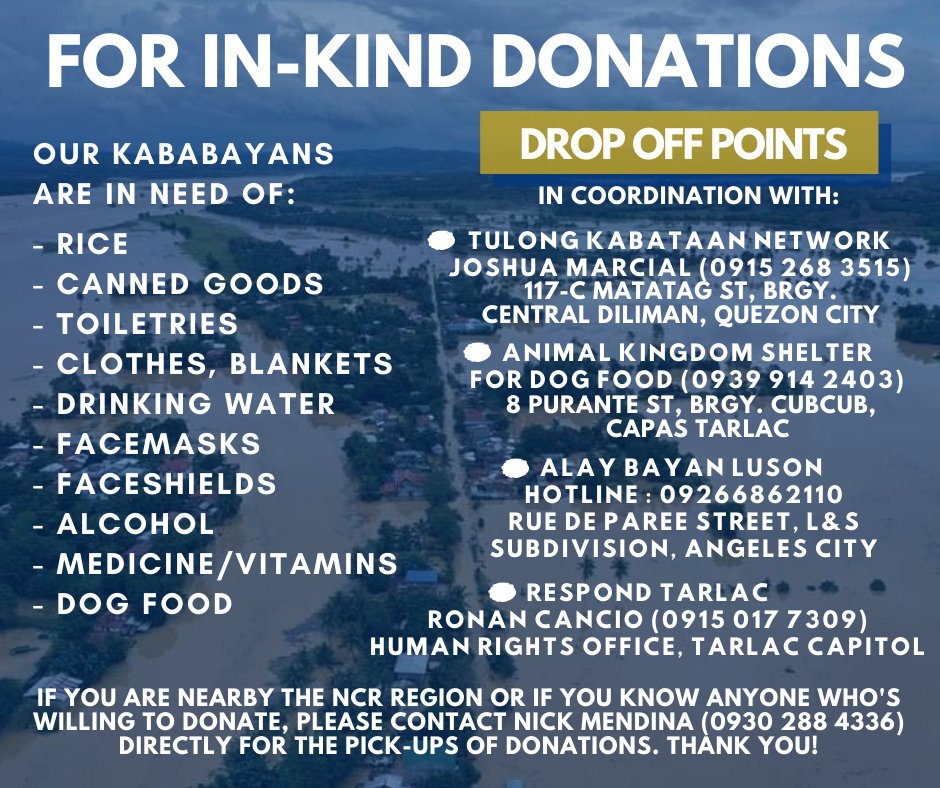 Hello! We are collecting donations for the families affected by Typhoon Ulysses both monetary & in-kind! Let's help each other during these hard times. Transparency of donations will be updated regularly. 

PLEASE RT AND DONATE IF YOU CAN! Thank you!

#UlyssesPH #DonatePH