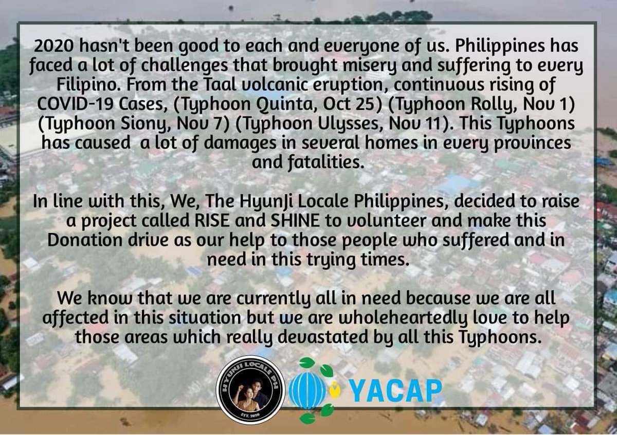 HyunJiLocalePh's tweet photo. Hello HyunJi Nation
In life of the current situation, HyunJi Locale PH in partnership with @YACAPhilippines , we are humbly asking for everyone's help for our Kababayans who were affected by the typhoon ++ https://t.co/3JHYRKC7AU
