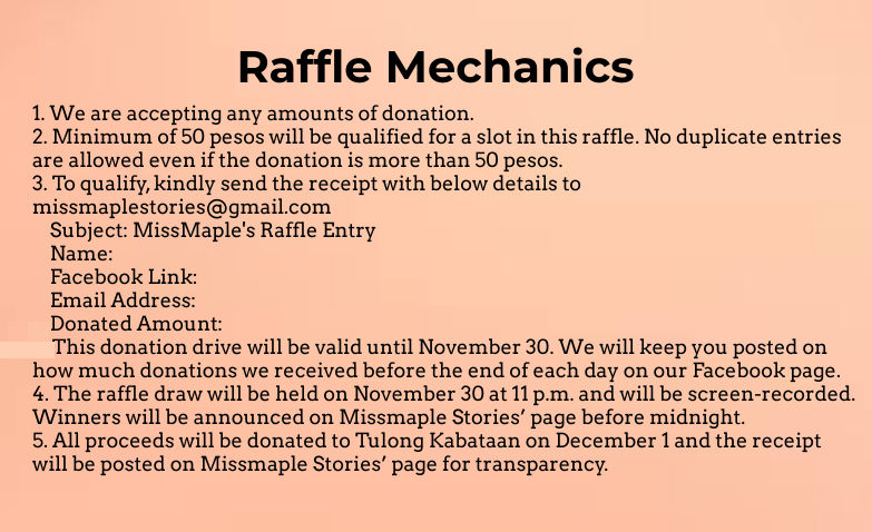 missmapleWP's tweet photo. Hi! Missmaple Stories' admins will be holding this raffle for a cause to help the victims of typhoons. Please check the details in Missmaple Stories' facebook page. Thank you! https://t.co/2Qfo2NgPin
