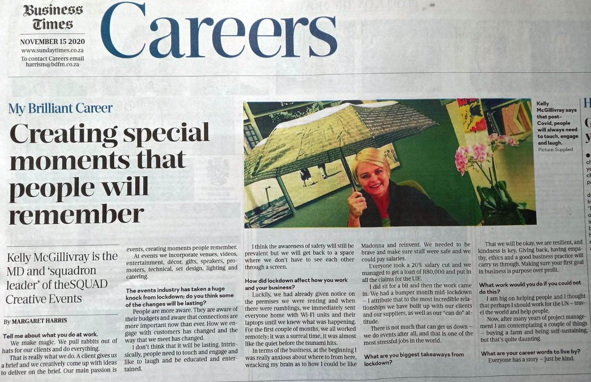 theSquad_SA's tweet image. "We make magic &amp;amp; our events cover a wide range of things, so we incorporate venues, videos, entertainment, décor, gifts, speakers, promoters, technical, set design, lighting and catering – we love food!" Kelly McGillivray, Squadron Leader #eventprofs
@Kelly_Jozi @SundayTimesZA