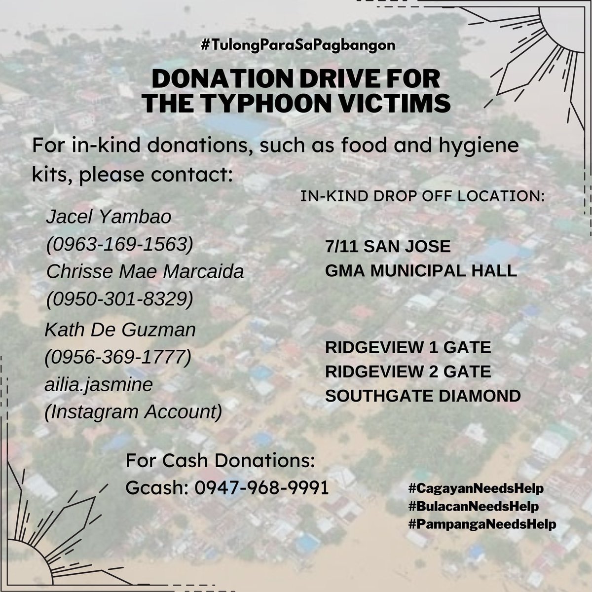 dionysusjoy's tweet photo. ❗❗DONATION DRIVE FOR THE TYPHOON VICTIMS ❗❗

Any amount of help will do. If you have any in-kind donations, you can send us a dm or contact the persons below.

#TulongParaSaPagbangon
#CagayanNeedsHelpNOW 
#PampangaNeedsHelp 
#BulacanNeedsHelpToo 
#PhilippinesNeedsHelp https://t.co/NjF7rNe0sd