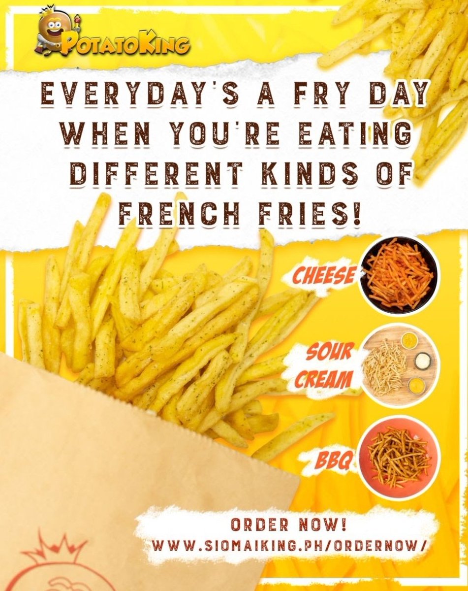 TresSolution's tweet photo. Cheese, Sour Cream, BBQ?
GET YOUR CHOICE OF FRENCH FRIES NOW!!

Use my shop link ⬇️⬇️
https://t.co/A3zL2eRzjP

#potatoking #enjoy #frenchfries #fries #cheese #sourcream #bbq #jcprimiere #jc #eralista #order #online #food #ph #philippines #ad #follow4follow #like4like #gainpost https://t.co/q6zmTkOhPW