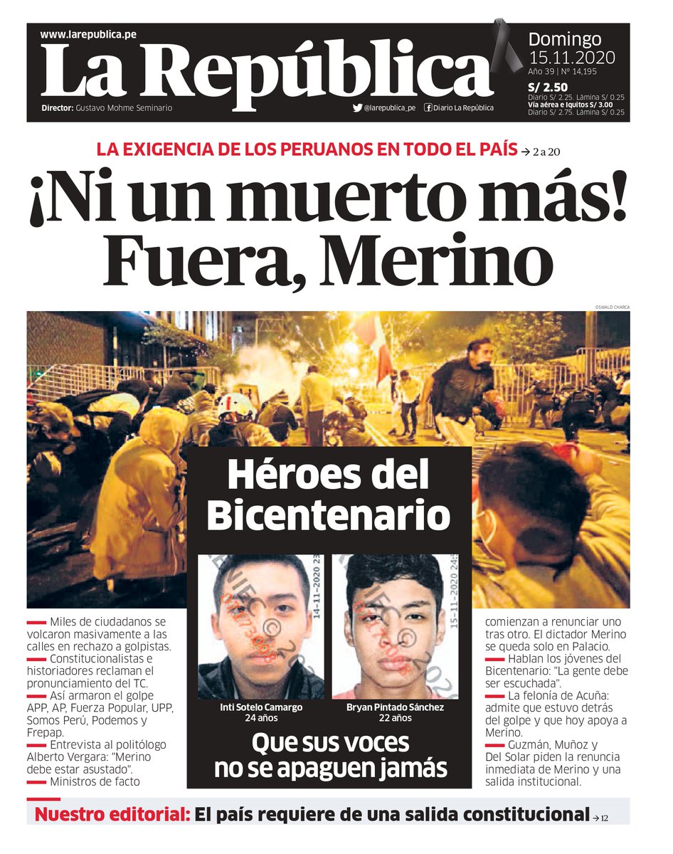 larepublica_pe's tweet image. Esta es la portada de nuestra edición extraordinaria de hoy: Ni un muerto más, #FueraMerino 

larepublica.pe