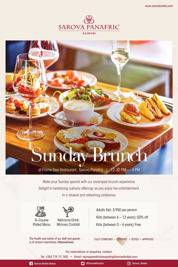 Join us today as we indulge your taste-buds in the ultimate culinary journey at our 8-course plated menu !brunch
For reservations, call us through 0709111000 
#SarovaPanafric #SundaysareforBrunch #FamilyBrunch #NoOneDoesItBetter #AlaCarte #8coursemenu #FlametreeSundayBrunch