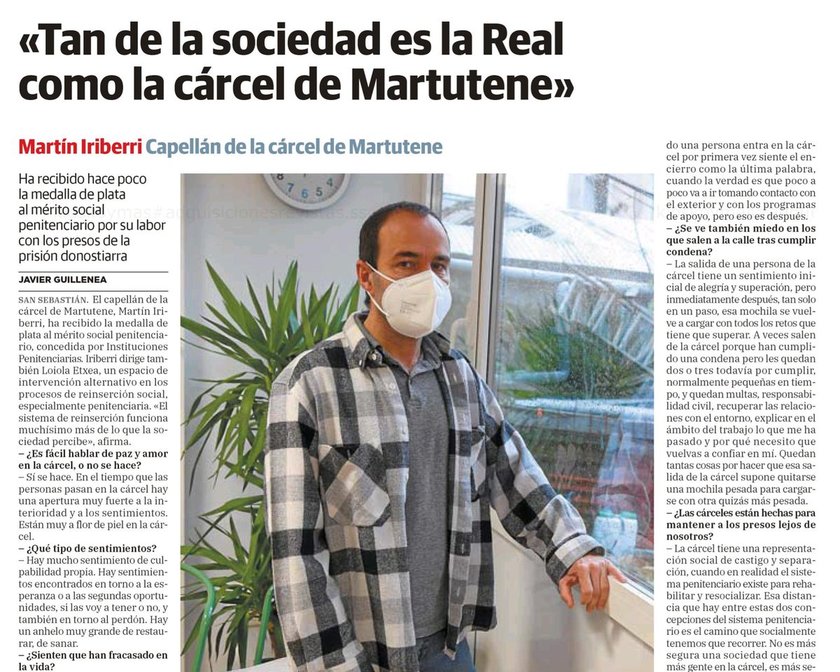 pelikleta's tweet photo. Kartzelaz, gizarteratzeaz eta han egindako lanaz elkarrizketa mamitsua gaurko @diariovasco|n Martin Iriberri jesuitari, #Loiolaetxea|ko arduradun eta Martuteneko espetxeko kapilau. https://t.co/DFLMQSyf6H