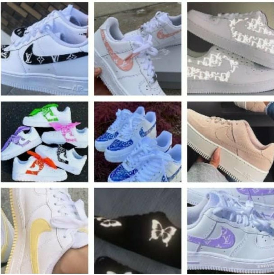 Droppboxuk's tweet photo. Some customs from @is.customzz, head over to their profile for more like these. Disclaimer: some photos in the above picture are insperational pictures and not products of is.customzz. #insperation #sneakerhead #sneakers #customsh
#nikeairforce1 #nike #bandana #kicksoftheday https://t.co/dhY5NwkkSC
