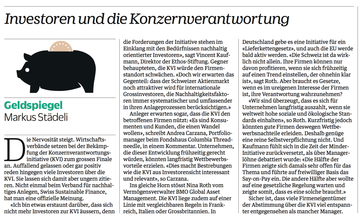 Verantwortungsvolle Unternehmen (@vunternehmen) on Twitter photo Anleger unterstützen mehr #Konzernverantwortung, dass zeigt die heutige <a href="/sonntagszeitung/">SonntagsZeitung</a>. Grund: internationale Grossinvestoren gewichten Nachhaltigkeitsfaktoren immer umfassender, Schweizer Unternehmen werden mit der #kvi attraktiver. Anleger unterstützen mehr #Konzernverantwortung, dass zeigt die heutige <a href="/sonntagszeitung/">SonntagsZeitung</a>. Grund: internationale Grossinvestoren gewichten Nachhaltigkeitsfaktoren immer umfassender, Schweizer Unternehmen werden mit der #kvi attraktiver.