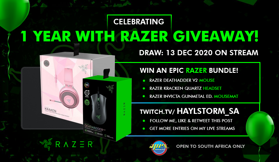 Hay_Haylstorm's tweet photo. GIVEAWAY!! To celebrate my 1 year anniversary with Razer, you can stand a chance to WIN an epic Razer bundle! 
Follow myself &amp; @Razer, like &amp; retweet this post, and enter on my Twitch stream to be eligible to win. South African residents only. #Giveaway #Razer #RazerStreamer https://t.co/sbnLQgxhyT