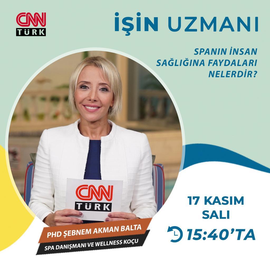 Phd. Şebnem Akman Balta;
🗓17 Kasım Salı günü,
⏰15.40’ta
📺CNN Türk’te İşin Uzmanı programına konuk olacak...

Programda;
📎”Spanın İnsan Sağlığına Faydaları Nelerdir?” konu başlığı altında detaylı bilgiler verilecek. ✨
Bizi takipte kalın! 💫