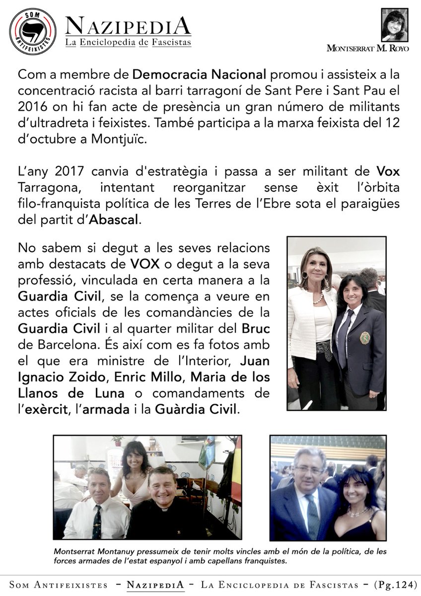 Avui us presentem a una cara ben coneguda del Tarragonès.
Una dona que en un obrir i tancar ulls va passar de ser una de les dirigents dels neofeixistes Democracia Nacional a fer el mateix a VOX Tarragona. 
Avui la desemmascarem 🏴🚩✊ #nazipedia
#SomAntifeixistes