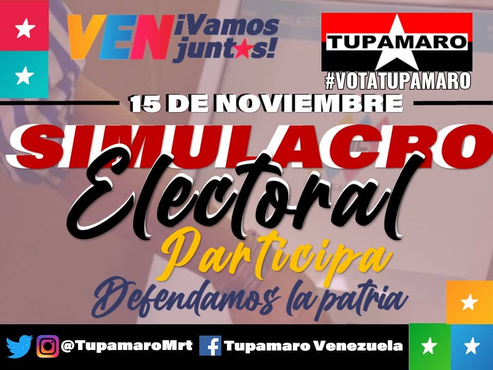 Buenos Días Venezuela!!

Vamos todos a participar en el #SimulacroElectoral🗳

Recuerda, usa tapabocas😷 cumple con el distanciamiento social💃↔️🕺 y acompáñanos a este ejercicio de voto. 
#VotaTupamaro
#LosRebeldesSomosMás

#15Nov
<a href="/NicolasMaduro/">Nicolás Maduro</a>
<a href="/dcabellor/">Diosdado Cabello R</a>